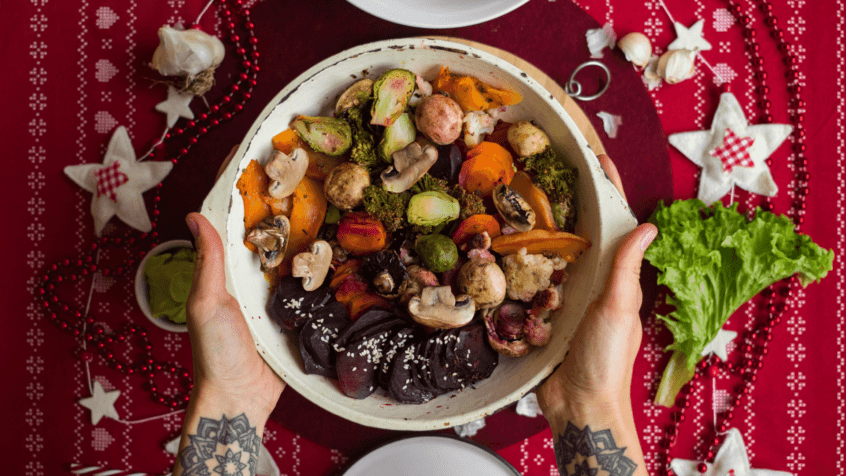Image of vegan holiday dish with roasted vegetables